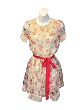 RED Valentino Cream Dress with Coral Floral Print and Coral Sash cherry blossom